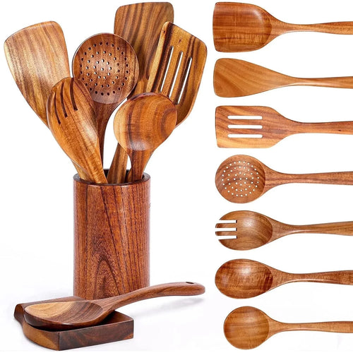 9 Pcs Wooden Utensils for Cooking Wooden Utensils for Kitchen, Heat Resistant, Non-Stick