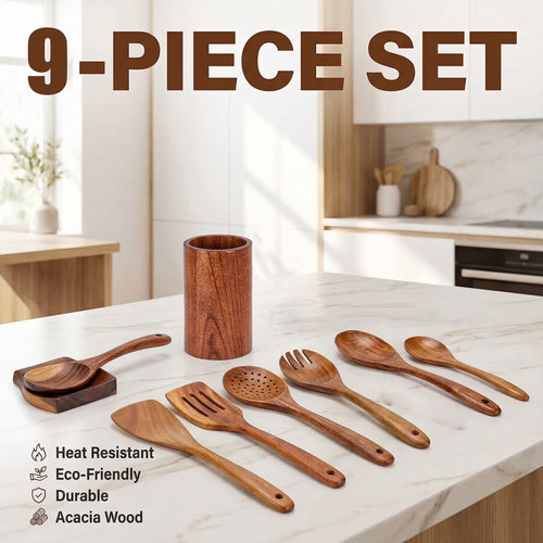9 Pcs Wooden Utensils for Cooking Wooden Utensils for Kitchen, Heat Resistant, Non-Stick