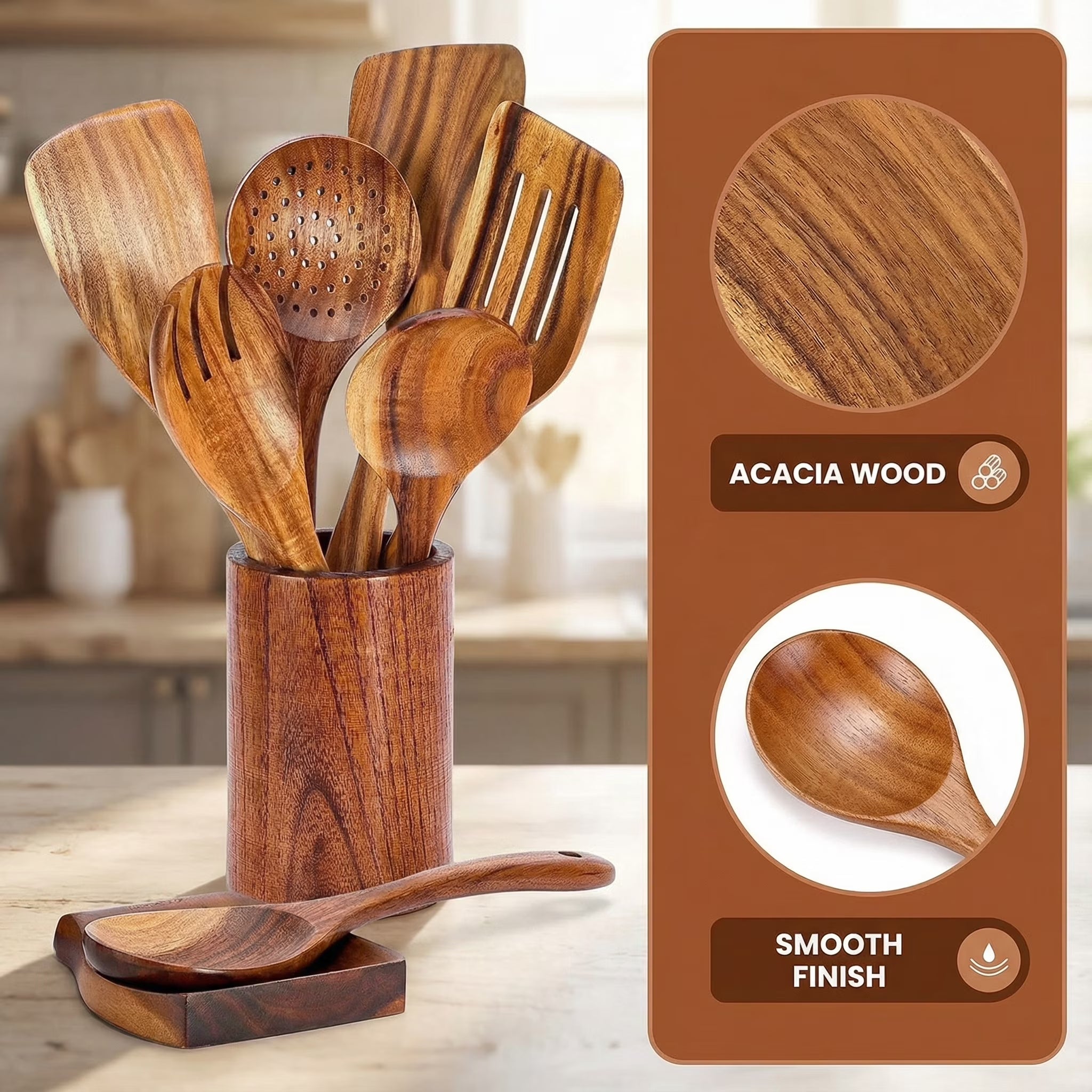 9 Pcs Wooden Utensils for Cooking Wooden Utensils for Kitchen, Heat Resistant, Non-Stick