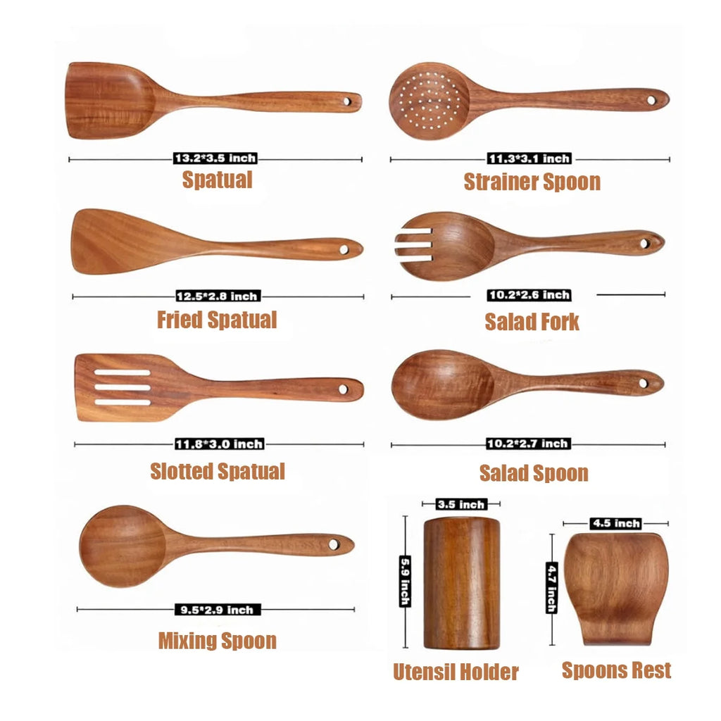 9 Pcs Wooden Utensils for Cooking Wooden Utensils for Kitchen, Heat Resistant, Non-Stick
