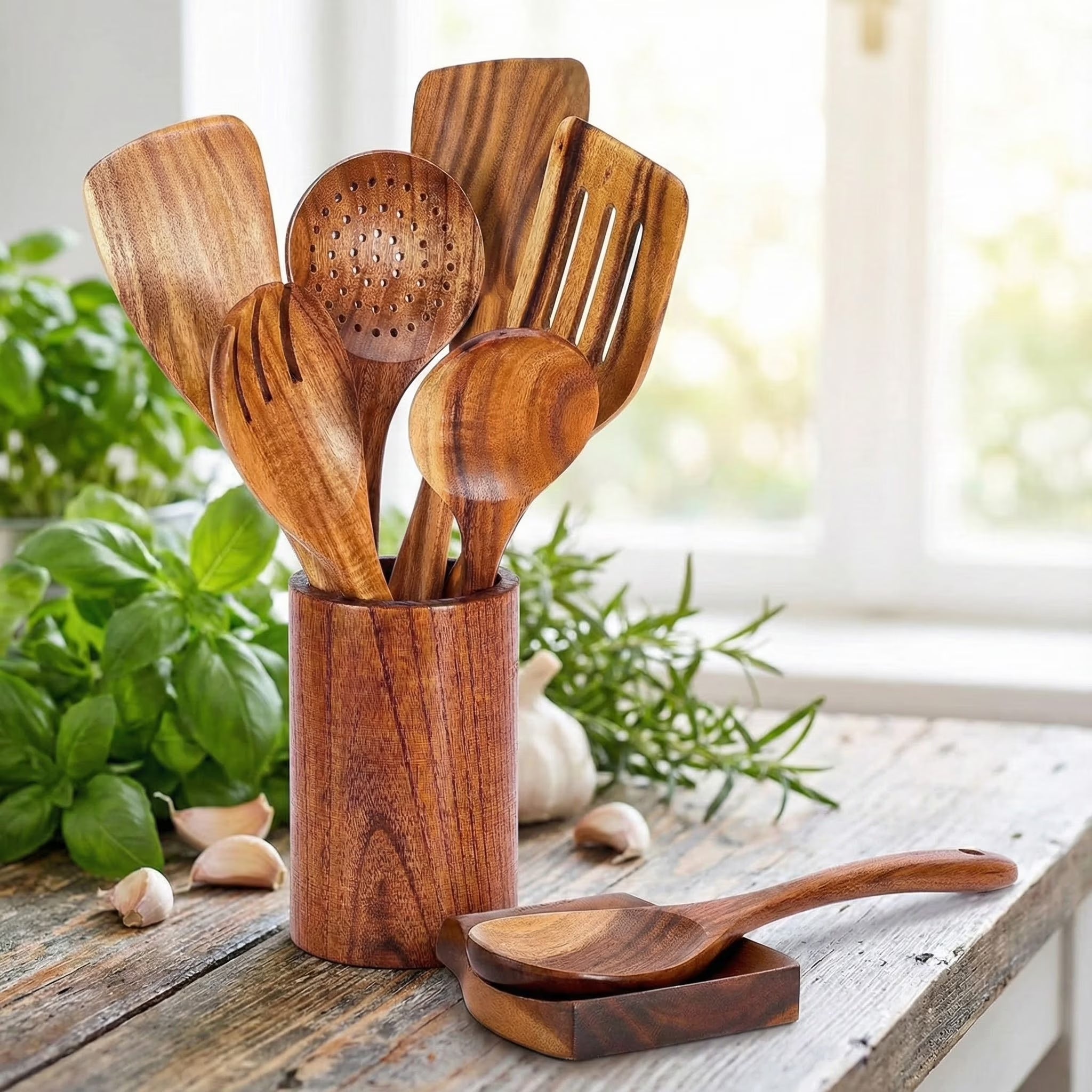 9 Pcs Wooden Utensils for Cooking Wooden Utensils for Kitchen, Heat Resistant, Non-Stick